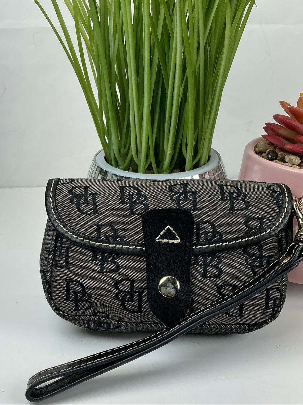 Dooney & Bourke Black and Charcoal Monogram Wristlet clutch bag